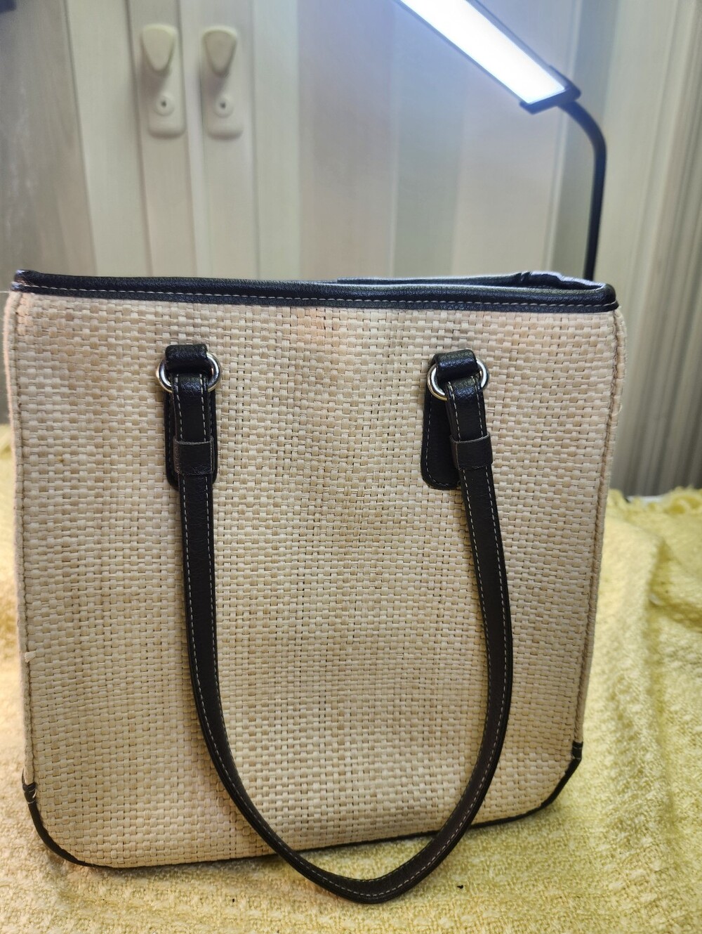 Neutral Woven Tote with Black Trim and Handles